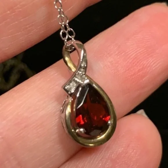 Genuine Diamond and Garnet 10k gold and 925 Necklace - Picture 2 of 6